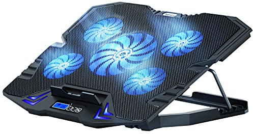 TopMate C5 Laptop Cooling Pad Gaming Notebook Cooler, Laptop Fan Cooling Stand Adjustable Height with 5 Quiet Fans Blue LED Light, Computer Chill Mat with LCD Controller, for 10-15.6 Inch Laptops
