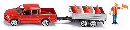 siku 3543, Pick-Up mit Kippanhänger, 1:55, Metall/Kunststoff, Rot, Inkl. Spielzeugfigur und 5 Verkehrsleitblöcke