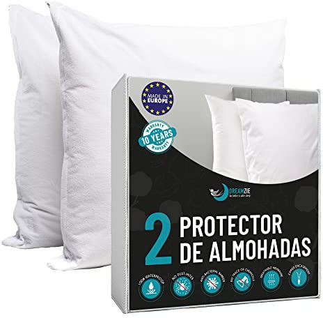 Dreamzie – Paket med 2 Kuddöverdrag Vattentätt 65 x 65 cm - 26 x 26 med Dragkedja – Vitt tyg 100 % Bomull Oeko Tex® – Andas, Allergivänliga, Dammkvalster, Anti-bakteriell