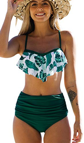 JFAN Costume da Bagno Donna Due Pezzi Bikini A Vita Alta Bottom Increspato Stampa Floreale Halter Ruffle Coordinati Verde L