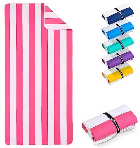 Fit-Flip Strandtuch XXL - Mikrofaser Badetuch - Strandtücher leicht und schnelltrocknend - 100% recyceltes Mikrofaser Handtuch - Strandhandtuch zum Baden (Pink-Weiß gestreift 200x90cm)