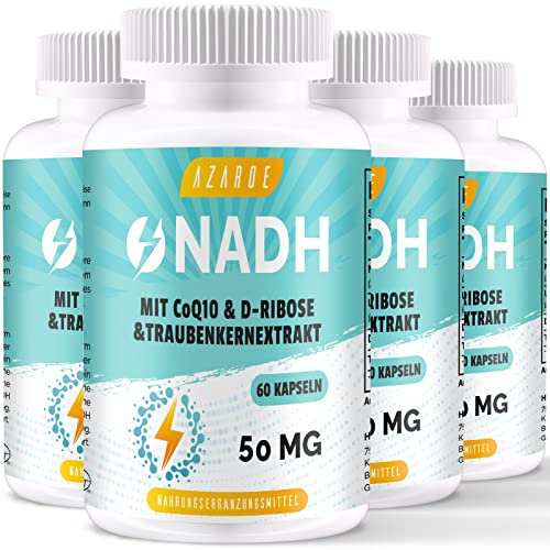 NADH 50 mg Hochdosiert - mit Ubiquinol, D-Ribose & Traubenkernextrakt, 60 Kapseln, ohne Zusatzstoffe (4er Pack)