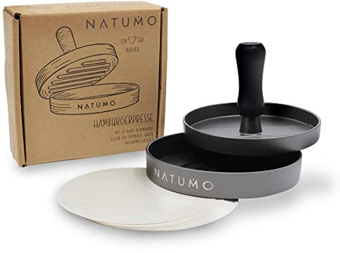 NATUMO Juego de prensa para hamburguesas y hamburguesas (50 papeles de separación), hamburguesas de aluminio fundido (diámetro 11 cm, 200 g), prensa profesional para hamburguesas con revestimiento