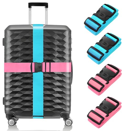 BILIONE 4 Pcs Luggage Straps for Suitcases Strap Lockable Suitcase Belts | Heavy Duty Luggage Straps,Adjustable Suitcase Straps,Premium Accessory for Travel Bag Closure (Pink+Blue)
