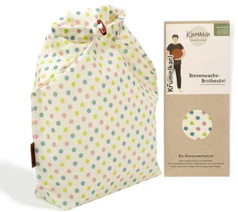 Kumanu | Bio-Bienenwachstuch - Brotbeutel KRÜMELKARL | H 35cm x B 29cm | mit Standboden und Verschluss |natürlich und plastikfrei frischhalten | handgemacht in Tirol (bunte Punkte)