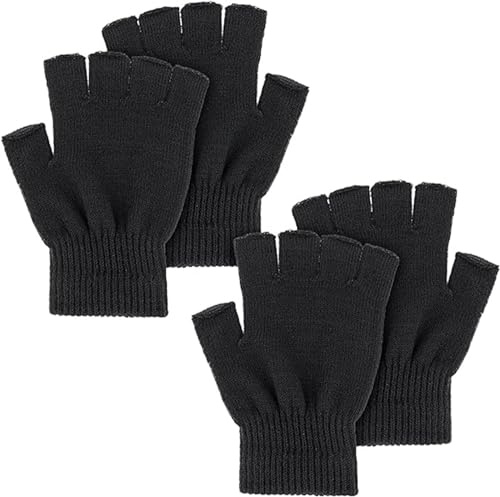 LATRAT Vinterhandskar halvfingrar stickade vantar varma stretchiga handskar för män och kvinnor kontor datordrift vinter stickade handskar, 2 par kort svart, one size