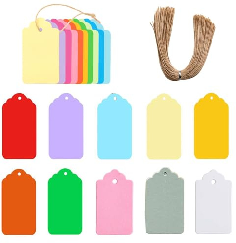 ​​​100Pcs Gift Tags, Gift Tags with String, Gift Labels, Price Tags Small Paper Tags Decorative Hanging Labels 10 Assorted Colours for DIY Gift Box Wedding Name Tags