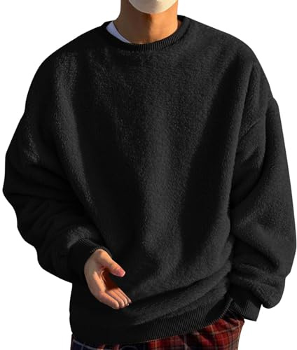 Oversized Fleece Sweatshirt For Men Pullover Thermal Sweater Crew Neck Jumper Winter Warm Casual Wear Soft Touch Loungewear Soft And Comfy Pullover Sweatshirt Without Hood Casual Tops S-5Xl Black