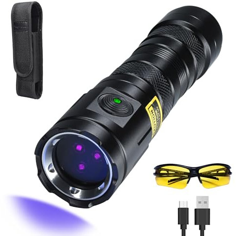 DARKDAWN UV-Taschenlampe, 365 nm, wiederaufladbares USB-Licht mit schwarzem Spiegel, 3 LEDs, Schwarzlicht, Mini-Holzlampe, langlebig, Wasserrückstand, Haustier-Urin-Detektor, fälschungssichere