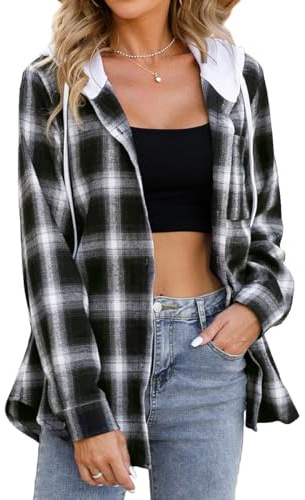 LACOZY Women's Plaid Flannel Shirts Long Sleeve Oversized Hoodie Button Down Blouse Shirts Black M