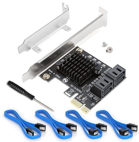 Ziyituod 4-Port SATA-Karte, PCIe 3.0 zu SATA – Non-RAID, Systemstartfähig – Plug & Play – Unterstützt 4 SATA-3.0-Geräte inkl. 4 Kabeln & Low-Profile-Halterung (ASM1064-Chipsatz)