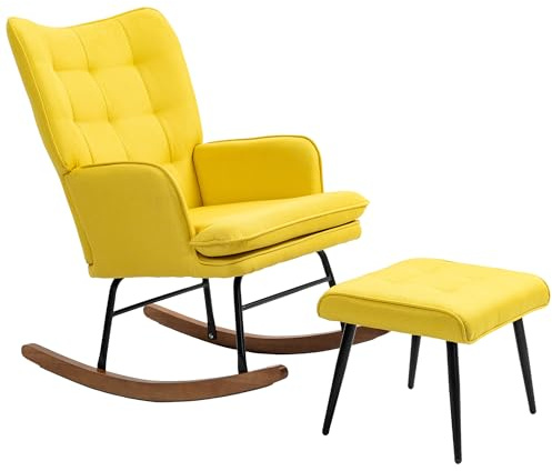 HOMCOM Silla Mecedora con Reposapiés, Sillón de Relax, con Cojín Acolchado, Respaldo Alto, Reposabrazos y Patas de Madera, Carga 130 kg, para Salón, Dormitorio, Amarillo