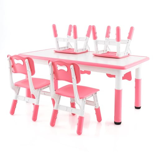 LIFEZEAL Tavolino Bambini, con 4 Sedie, Tavolino e Sedie per Bambini, Desktop Verniciabile, Tavolo Bambini, Altezza Regolabile, Tavolo per 18 Mesi+, Set per Cameretta, Asilo e Nido (rosa)