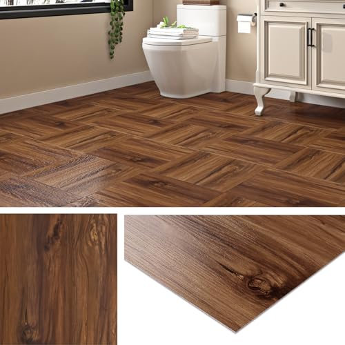Livelynine Vinylgolv Självhäftande Träutseende Naturligt PVC-golvbeläggning Självhäftande plattor för badrum Kök 30x30CM 16-kakel Vattentäta PVC-plattor golv Badrum Hall Vardagsrum Brun