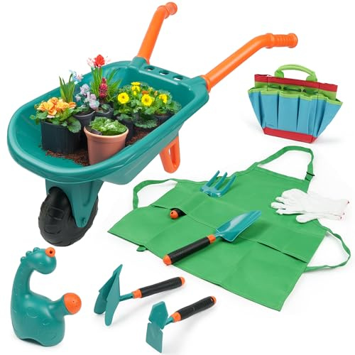 TINYLENS Kids Wheelbarrow with Garden Tool Set, Outdoor Toys Gardening Set for Toddlers 3+, Watering Can, Gloves, Hand Hoe, Washable Apron, Shovel and Fork, Gift for Boys Girls (Green)