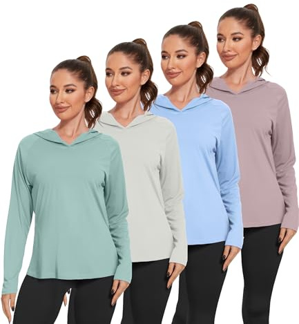 Kinglaman 4 Pack Women's Sun Protection Hoodie UPF SPF Long Sleeve Hiking Fishing Athletic Shirts Lightweight Rash Guards 1 Dark Pink 1 Blue 1 Ash Grey 1 Green Small