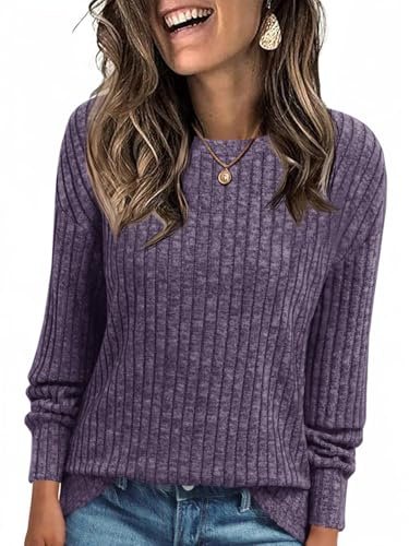 Cicy Bell - Camiseta de manga larga para mujer, suéter de punto ligero Henley, camiseta de manga larga, cuello redondo, ajuste holgado, túnica, morado, S