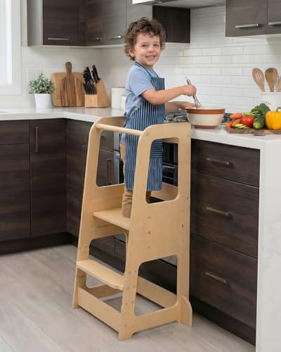 Xubby Lullza Toddler Step Stool - Adjustable Height Wooden Step Stool for Counter, Kids Kitchen Step Stool, Kitchen Tower for Toddlers, Grows With Your Child, Brown