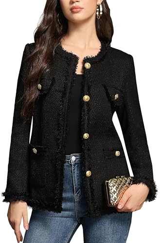 M.Infisavo Women’s Tweed Blazer Jackets with Pockets, Long Sleeve Open Front Crewneck Collarless Elegant Casual Cardigan Black