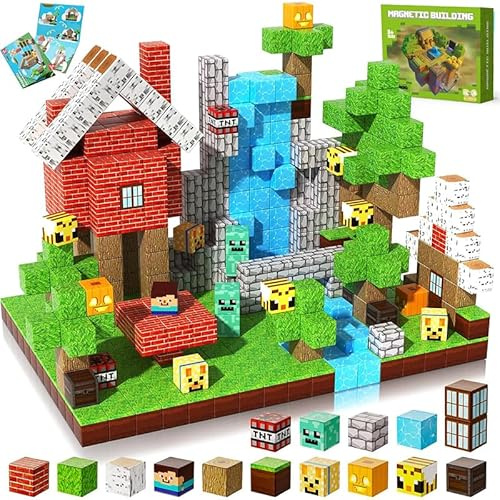Creativity Point 100 stycken magnetiska block med skogstema - ångleksaker för barn, byggd min magnetiska värld för småbarn, från 3 år, byggkubkit