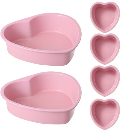 AVSQUINE 7 & 4 Inch Heart Shaped Cake Pans Set of 6, Pink Carbon Steel Baking Pans Set, Nonstick Heart Cake Mold for Baking, Small Cake Pans, Bakeware Sets for Valentine's Day Wedding