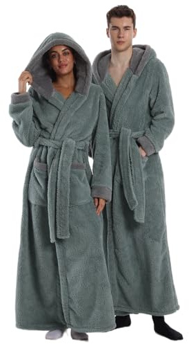 Gegeryozis Peignoir de Bain Homme Femme en Flanelle Polaire - Long et Chaud avec Capuche, Taille Unique pour Sortie de Bain, Spa, Maison - 2 Poches, Ceinture Ajustable