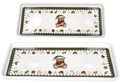 MamboCat Friend - Set di 2 piatti da torta rettangolari, 35 x 15,5 cm, in porcellana con orsacchiotto, casa di pan di zenzero, ecc. | per biscotti e pasticcini
