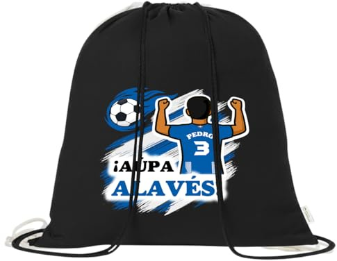Mochila de algodón orgánico 100% con cordones | Saco multiusos ligero y reutilizable de 38x42 cm | Ideal para adultos y niños Futbol | Mochila tipo saco para gimnasio, colegio (Chico, Alavés)