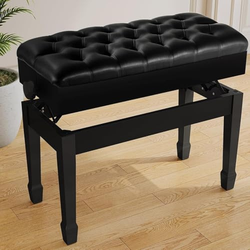 LIFERUN Doppelte Klavierbank, Lange Klavierstuhl höhenverstellbar 72 x 34 x 50 cm, Pianobank aus Verdickte PU Leder mit Stauraum, Robuste Klavierhocker aus massivem Holz mit gebogenen Beinen, Schwarz