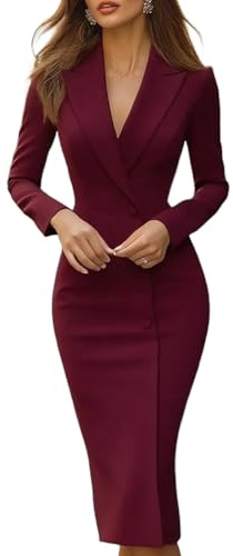 Minetom Vestito Blazer Donna Elegante Cerimonia Midi Abito con Bottoni Manica Lunga Abiti da Cocktail Sera A Rosso XS