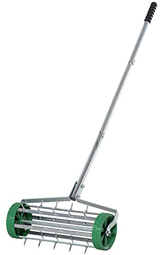 Outsunny Rasenlüfter Grifflänge einstellbar Handvertikutierer Rasenbelüften Stachelwalze Rasen rollender Rasenlüfter pflegen Garten verzinktes Rohr Grün+Silber 139 x 43,5 x 15 cm