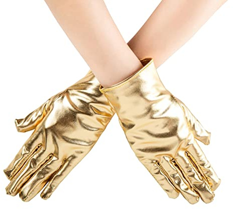 JIHUOO Patent Leather Short Gloves Wrist Cuff Dress Gloves Wet Look Gloves Fashion Finger Gloves Evening Opera Costume Party Gloves for Women Golden