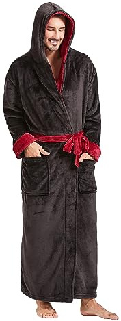 FashGudim Uomo Accappatoio con cappuccio grande e alto in flanella bicolore in pile a contrasto, accappatoio lungo e caldo in felpa (nero e bordeaux, 6XL)