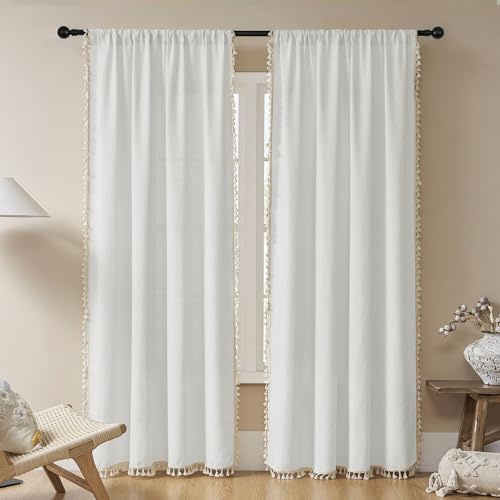 Joydeco Cream White Boho Curtains 96 Inches Long 2 Panels Set, Boho Curtains for Bedroom Living Room, Super Soft Light Filtering Country Rustic Semi Sheer Farmhouse Curtains Rod Pocket