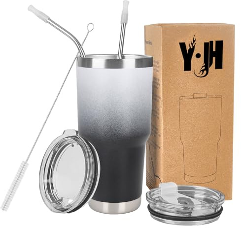 Y·J&H 30oz (850ml) Travel Tumbler Double Wall Vacuum Insulated Coffee Mug Stainless Steel Coffee Cup with 2 Splash Proof Lid, 2 Straws & Free Cleaning Brush, BPA Free - White&Black