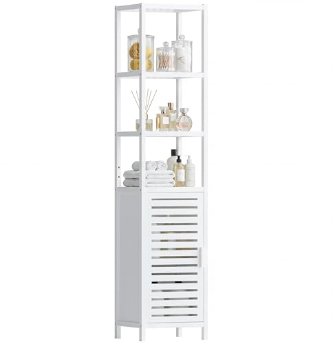 HITNET Mobile da Bagno Bianco, Armadio Colonna bagno in Bambù, Mobiletto da Bagno Salvaspazio con Ripiani Regolabili, per Piccoli Spazi