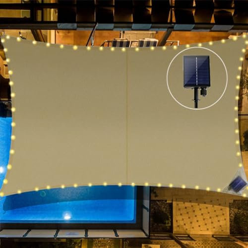 MeetYr Life LED-Sonnensegel, wasserdicht, 3 x 30 m, integriertes Sonnensegel, 8 Blinkmodi, 98 % UV-Schutz, geeignet für Hof, Terrasse, Garten, Parkplatz, 3 x 30 m, Beige