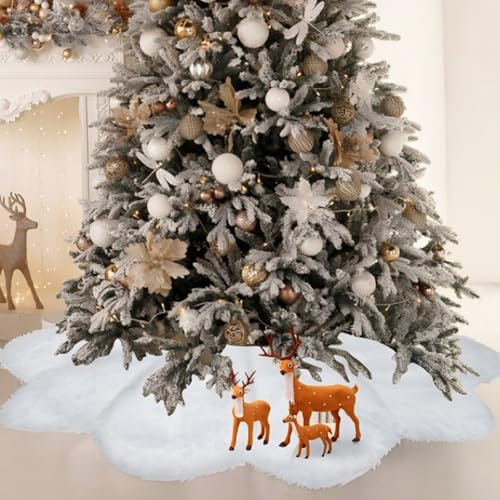 Christmas Tree Skirt 78cm, White Plum Blossom Shape Faux Fur Tree Skirt, Thick Plush Carpet for Christmas Decoration