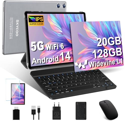 SKYEGG Tablet 10 Pollici Android 14, 20 GB RAM + 128 GB ROM(Espandibile Fino a 1 TB), Octa-Core, 5G Wi-Fi 6, 8MP + 5MP, 6000mAh, Widevine L1, USB-C Tablet con Tastiera + Mouse + Custodia, Grigio