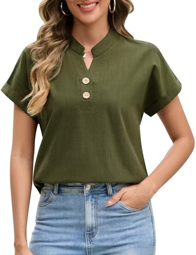UMIPUBO Womens Blouse Summer Short Sleeve T Shirts Half Button V Neck Basic Cotton Tops Cap Sleeve Ladies Tees Shirts Solid Color Blouses Casual (Green, M)