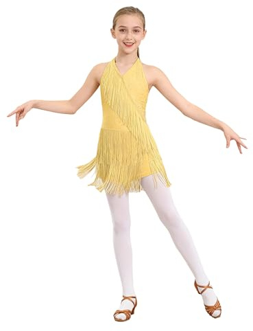 TTAO Enfant Fille Justaucorps Gymnastique Paillette Robe de Danse Latine Frangé sans Manches Robe Danse Latine Jazz Rumba Salsa Valse Tango Costume Spectacle 5-16 Ans Jaune 11-12 Ans