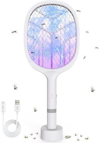 DANGZW Raquette Moustique Electrique, 4800V Raquette Electrique Insectes 2en1 avec Base de Charge USB, Batterie Rechargeable 1800mAh & LED UV, Raquette Anti Moustique Electrique pour Chambre, Camping