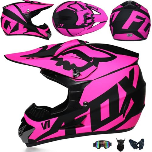 PAESCOY Motorradhelm Cross Damen Herren Full Face MTB Helm Motocross Helm DOT/ECE-Zertifizierter Mit Schutzbrillen Maske Handschuhe Downhill Helm Mopedhelm Schutzhelm Für Cruiser Chopper,Pink/A-L