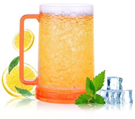 ACTOYS Boccale di Birra Refrigerante Bicchieri Freezer Birra, 450 ML Bicchiere Birra Doppia Parete, Boccale Birra in Plastica, Boccali da Birra con Manico, Tazza Birra per Mantenere Fresche (Arancia)