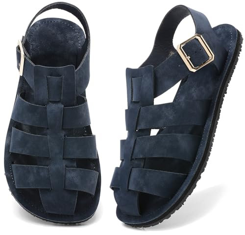 Wizshoe Sandalen Damen Herren Sommer Breite Barfußschuhe Leder Freizeit Flach Schnalle Strandsandalen Atmungsaktive Füße Weite Barfuss Römersandalen Outdoorsandale Wanderschuhe Leicht Blau 39EU