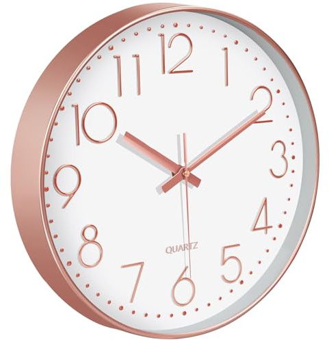 Mabpedo Silent Wall Clocks Battery Operated 8 Inch, Analog Wall Clock with Oversized Number Tempered Glass Clock Face, Rose Gold Quartz Non Ticking Wall Clocks for Living Room Bedroom Kitchen Office