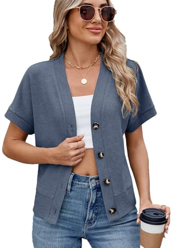 Womens Summer Waffle Knit Button Down Short Sleeve Cardigan Casual Lightweight Bolero Shrug Dressy Blouses Office Travel (Denim Blue,XX-Large)