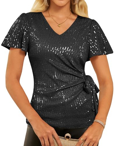 GRACE KARIN Chemisier à paillettes pour femme, haut à manches courtes, col en V