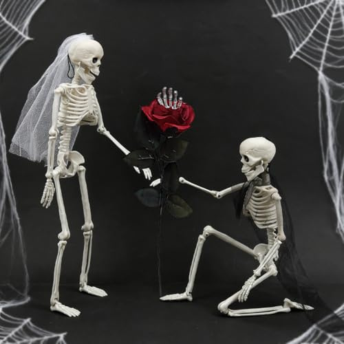 Cadimus 2 Stück Halloween Skelett Deko,40cm Skelett mit Ganzkörper Bewegliche,Skelette Bräutigam Braut mit Geisterhandrose,Halloween Skeleton für Horrorpartys,Spukhäuser, Friedhöfe, Außendekorationen