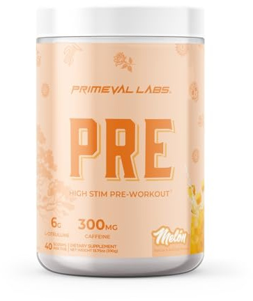 Primeval Labs PRE High-Stim Pre Workout | Energy, Focus & Performance Formula | 300mg Caffeine | 40 Servings | Melon | Authentic Latino-Inspired Flavor to Fuel Your Journey